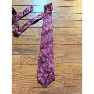 Vintage 90s Manhattan Silk Necktie Red Blue Geometric Leaf Medallion Made in USA